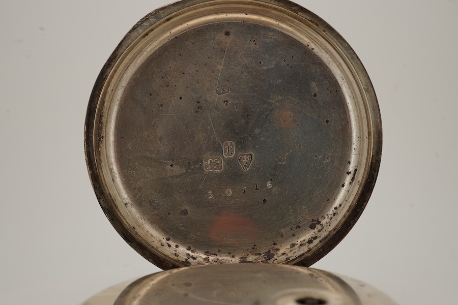 A Victorian silver open faced key wind pocket watch, by Charles Calow of Rochdale, with Roman dial and subsidiary seconds, the signed movement numbered 30716, with key. Condition - fair